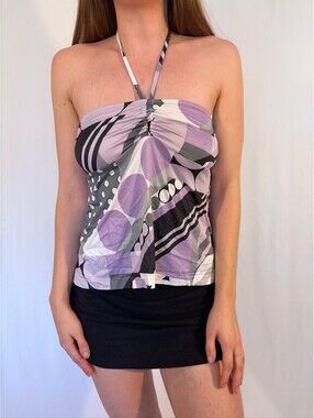 Pastel Purple Geometric Print Groovy Y2K Halter Top